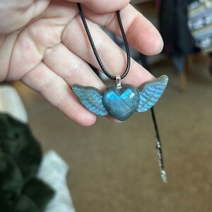 Labradorite Crystal Blue Sparkle Winged Heart Pendant Necklace